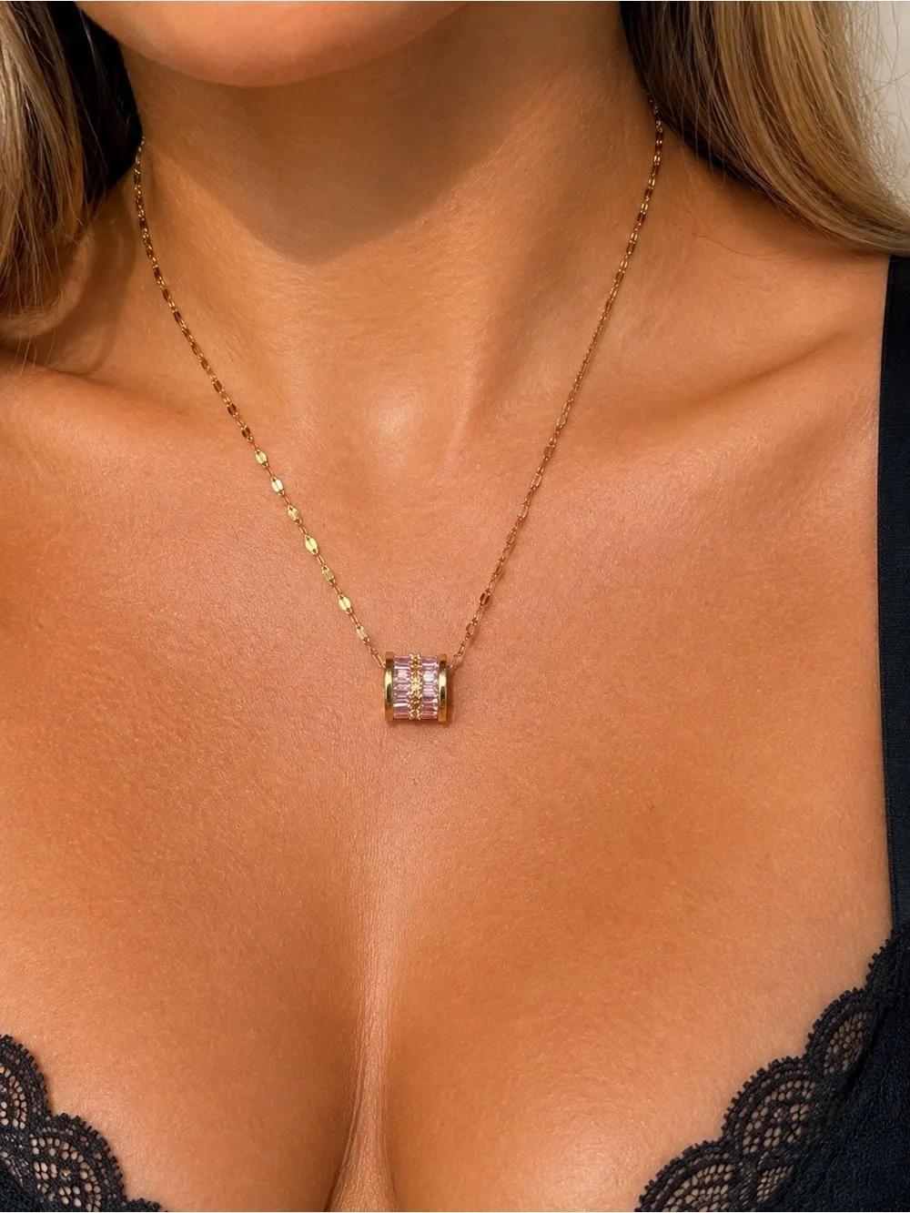 Gold Pink Crystal Elegant Pendant Necklace